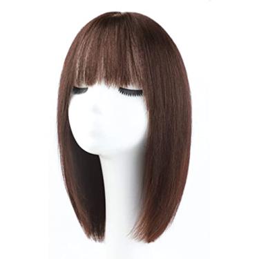 Imagem de Lindo Perucas pretas longas e retas para mulher peruca longa de cabelo humano com franja perucas retas de comprimento médio em camadas para mulheres negras cabelo humano (16"/42 cm) Ajustável