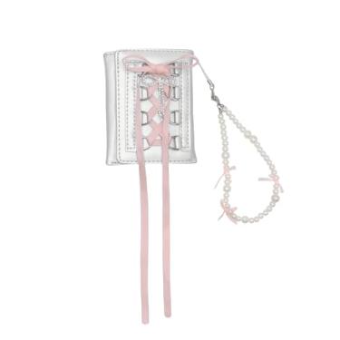 Imagem de Carteira de couro PU inspirada em ballets com três dobras com alça de gravata, elegante e compacta, curta, porta-moedas com fecho de pressão para mulheres e meninas, Rosa com alça de pérola, One Size