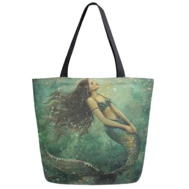 Imagem de Bolsa de ombro extra grande elegante, linda sereia do mar, bolhas sonhadoras, lona verde, alça diária para academia, fim de semana, viagem, cozinha, reutilizável, compras no mercado