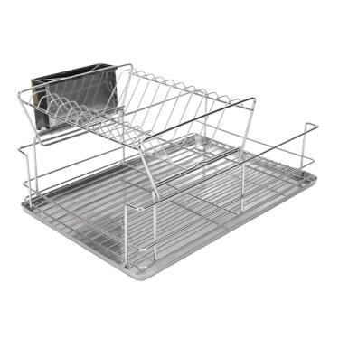 Imagem de Escorredor de pratos de aço inoxidável para balcão de cozinha, Escorredor de pratos multifuncional com economia de espaço de 2 níveis para cozinha com suporte para talheres