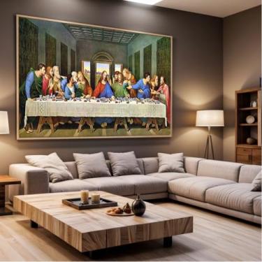 Imagem de Quadro Decorativo com Moldura Sala 130x90 Santa Ceia Religioso Luxo Grande Horizontal