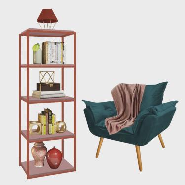 Imagem de Kit Poltrona Fatte com Manta Soft Salmão e Estante Livreiro Ferro Bronze mdf Rose Suede Azul Turquesa - Ahz Móveis