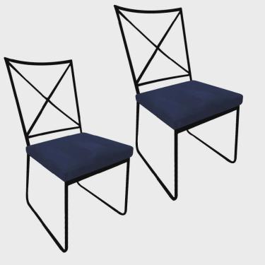 Imagem de Kit 02 Cadeiras Sala de Jantar Escritório Office Clark Industrial Ferro Preto Suede Azul Marinho - Ahz Móveis