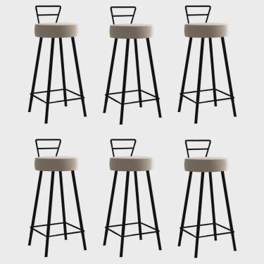 Imagem de Kit 06 Banqueta Alta Com Encosto Tina Eiffel Cozinha Bar Bistrô Ferro Preto Sintético Bege - Ahz Móveis