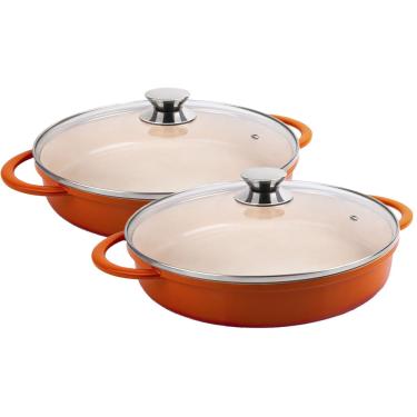 Imagem de Kit Caçarola Baixa Hercules Indução Antiaderente Ceramico Tampa de Vidro Redonda Laranj...