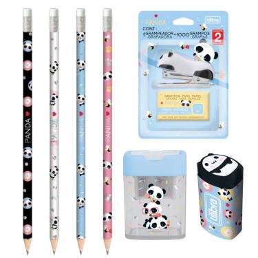 Imagem de Kit Escolar Panda Grampeador + Apontador + Lápis + Borracha - Tilibra