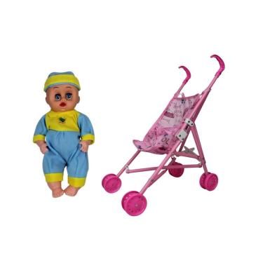 Imagem de Brinquedo boneca bebê com carrinho de passeio infantil