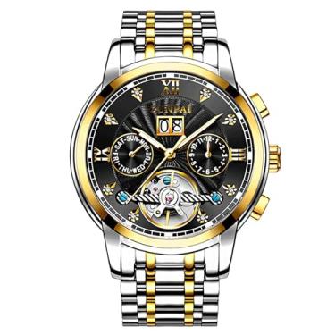 Imagem de ZUNPAI Relógios masculinos automáticos transparentes esqueleto mecânico relógio de pulso masculino clássico com corda automática diamante aço inoxidável à prova d'água, Dourado, preto, Tendência