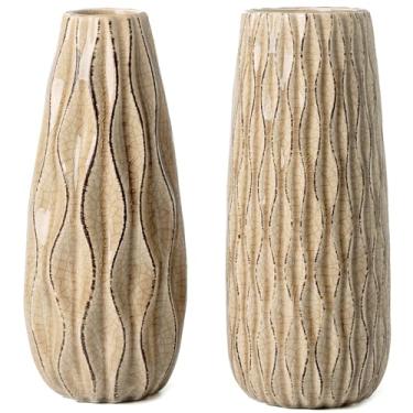 Imagem de VICTOR & TERESA Vaso de cerâmica para flores, conjunto de 2 vasos decorativos rústicos bege para decoração de casa, vasos de fazenda para grama dos pampas, mesa, cornija, sala de estar, prateleira,