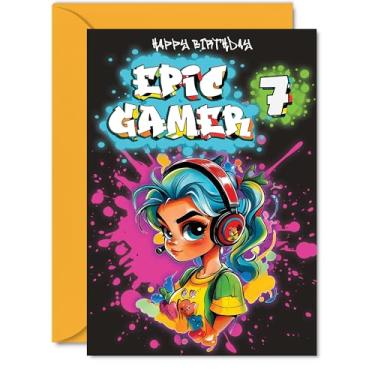 Imagem de Cartão de aniversário para meninas de 7 anos - Epic Gamer Girl - Cartão de feliz aniversário para crianças de 7 anos, cartões comemorativos A5 Seven Seventh Bday Video Game Gaming