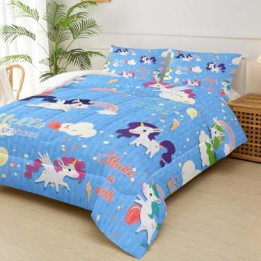 Imagem de lneffble Conjunto de edredom solteiro de unicórnio arco-íris, para meninas, solteiro, unicórnio, decoração de quarto para meninas, 1 edredom com 2 fronhas