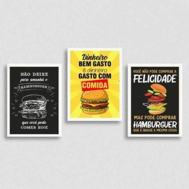 Imagem de Kit 3 Quadros Hambúrguer Frases 33X24Cm Madeira Preta - Quadros On-Lin