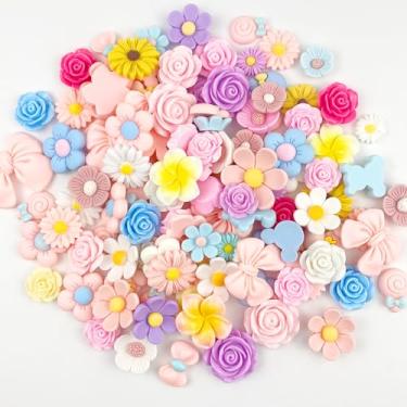 Imagem de Pingentes de geleca 100 peças de berloques de flores fofas de resina para decoração de artesanato faça você mesmo ornamento scrapbooking, laço rosa misto margarida girassol (flor multicolorida)