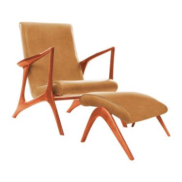 Imagem de Poltrona Luxo Couro Sintético Caramelo Vk Anos 50 Com Puff Cor Bege