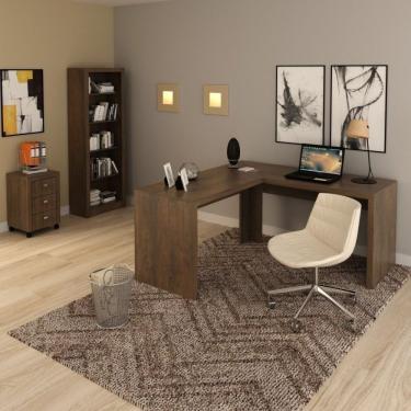Imagem de Conjunto Home Office 3 Peças Com 1 Mesa Em L 1 Estante 1 Gaveteiro Espresso Móveis Rústico