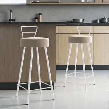 Imagem de Kit 02 Banqueta Alta Com Encosto Tyna Eiffel Cozinha Bar Bistrô Ferro Branco Suede Bege - Amey Decor