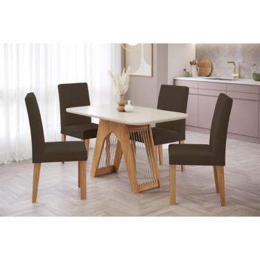 Imagem de Sala de Jantar Completa Carol C/ Tampo Vidro 130cm + 4 Cadeiras Maia Nature Off White Mascavo