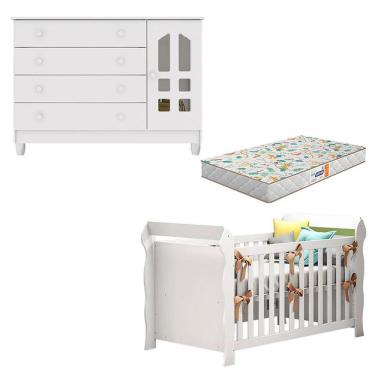 Imagem de Kit Berço Americano Lara com Cômoda 1 Porta 4 Gavetas em MDF MDP 154 cm Branco Carolina Baby