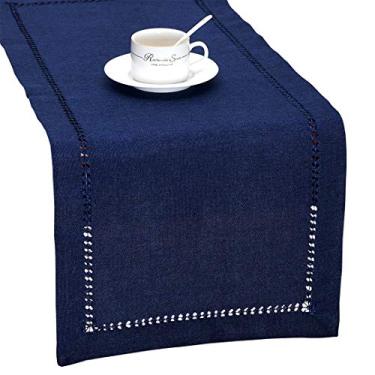 Imagem de Cachecol Grelucgo feito à mão com bainha azul marinho náutico retangular para mesa ou cômoda, Azul marinho, 14x54