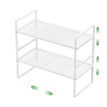 Imagem de SOFRON Prateleira de armazenamento expansível para armário empilhável rack organizador para cozinha banheiro despensa armário de especiarias bancada de café mesa de escritório doméstico resistente antiderrapante branco grande 2 pacotes
