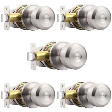 Imagem de Probrico Pacote com 5 pacotes de maçanetas sem chave, fechaduras de porta de passagem de níquel escovado, ferragens para corredor/armário, fechadura universal com trava ajustável