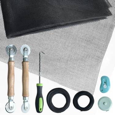 Imagem de SUGOOE O kit de reparo de porta de tela de janela inclui tela preta 119 cm x 299 cm, rolos de tela, estrias, gancho, cortador, régua, adequado para janelas e portas de tela