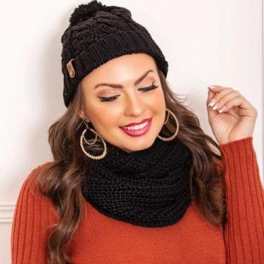 Imagem de Conjunto Kit Touca Pompom E Cachecol Liso Gola Infinita De Lã Tricot E