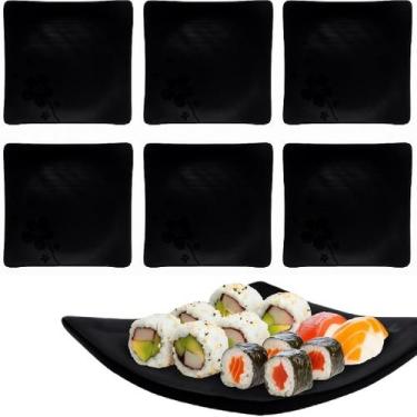 Imagem de Kit 12 Pratos Quadrado Restaurante Sushi Melamina 18cm Preto - Best