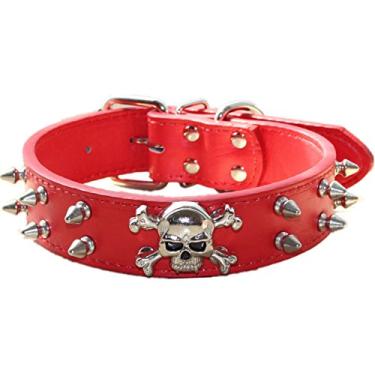 Imagem de Coleira para cachorro de couro com pontas haoyueer – 2 fileiras de rebites com rebites em couro PU – Acessórios para animais de estimação de caveira legal para cães de porte médio e grandehaoyueer Medium vermelho C0100110290