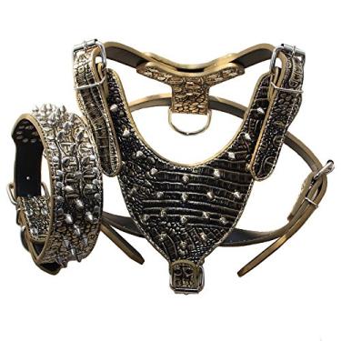 Imagem de Haoyueer Coleiras para cães de couro cravejadas médias e grandes, conjunto de 2 peças combinando para Pit Bull, Mastiff, Boxer, Bull Terrier Gold Brwon