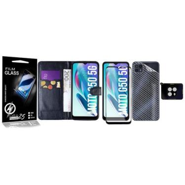 Imagem de Carteira Preta + Skin Carbono + Vidro 3d + Câmera Para Moto G50 5G XT2