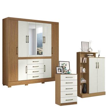 Imagem de Guarda Roupa Casal Nápole 2045149 com Armário Multiuso Florença 2000199 e Cômoda 5 Gavetas 2014140 Atacama Off White - Aramóveis