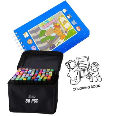 Imagem de Canetinhas 80 Cores Ponta Dupla Livro Pintar Ursinho Fofo 100 Paginas Divertido Estojo Marcador Pintura Hobbie Lazer