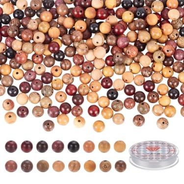 Imagem de arricraft 320 peças de contas soltas redondas de madeira natural de 8 mm, 16 estilos de contas espaçadoras de esferas redondas de madeira, kits de pulseira elástica DIY com fio elástico plano para