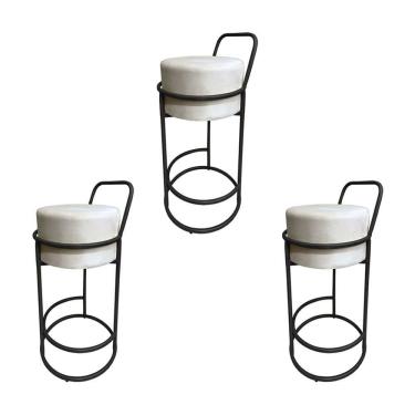 Imagem de Kit 3 Banquetas Alta Redonda Base Preta Veludo Bege