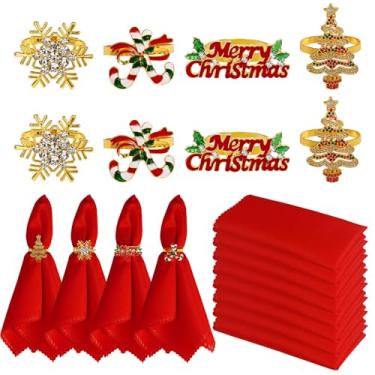 Imagem de Getfitsoo Conjunto De 16 Anéis Guardanapo Natal E Guardanapos Pano, 8 Peças Poliéster Vermelho Metal Alegre Para Decoração Mesa Jantar Festa