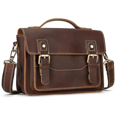 Imagem de Bolsa mensageiro masculina pequena de couro de 24,6 cm vintage bolsa tiracolo bolsa de ombro para bolsa de escritório, marrom