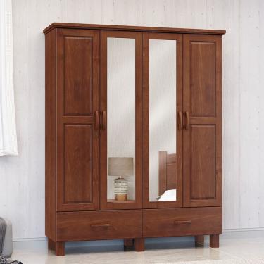 Imagem de Guarda Roupa Roupeiro 4 Portas 2 Gavetas com Espelho Linha Bronze em Madeira Maciça 1142TN Imbuia Finestra
