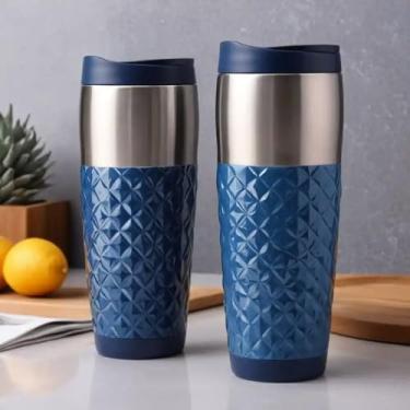 Imagem de Caneca Térmica Parede Dupla em Aço Inox Azul 600ml com Tampa Flip - Estilo Texturizado