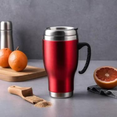 Imagem de Caneca Térmica Parede Dupla em Aço Inox Vermelha 400ml com Tampa Flip - Estilo Texturizado
