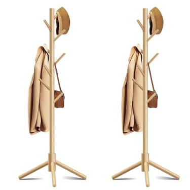 Imagem de Azaeahom Cabide de madeira, cabide de pé livre com 8 ganchos, 3 alturas ajustáveis para roupas, chapéus, bolsas, árvore de casaco fácil de montar para entrada, quarto, corredor, escritório (2 peças)