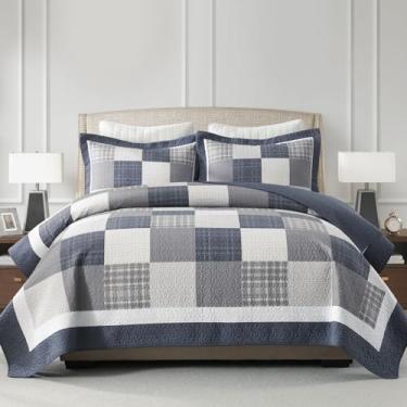 Imagem de Finlonte Conjunto de colcha King xadrez – Colcha acolchoada de algodão leve, fazenda, tamanho king, com 2 fronhas, 3 peças, azul/bege/branco