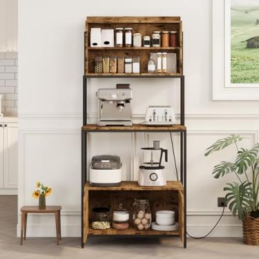 Imagem de CuisinSmart Rack de padeiro de 172 cm com tomada elétrica, suporte de micro-ondas de 5 camadas com prateleiras e armário, rack de armazenamento de cozinha em pé, montagem fácil, marrom rústico