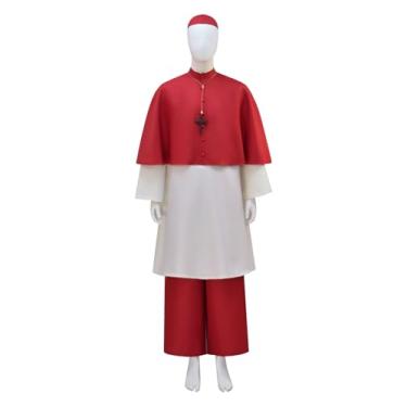 Imagem de Vmyainrt Conjunto de fantasia de cardeal com capa, colar de cruz e chapéu, 5 peças roupão cerimonial vermelho papa fantasia masculina adulto (vermelho, PP)