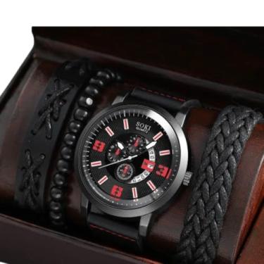 Imagem de Relógio Masculino Social Alfa Luxuoso + Kit Pulseiras (Vermelho)