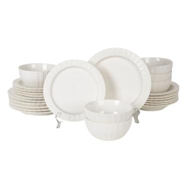 Imagem de MDZF SWEET HOME Conjunto de louça de cerâmica branca com 24 peças – série Reno, serviço para 6 pessoas, inclui tigelas, pratos planos e profundos, pode ir ao micro-ondas e à máquina de lavar louça