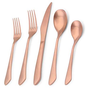 Imagem de Conjunto de talheres de prata, conjunto de talheres de aço inoxidável de 20 peças, serviço de utensílios de cozinha para 4, conjunto de talheres de mesa para casa e restaurante, seguro para lava-louças, Matte Rose Gold, 20-Piece