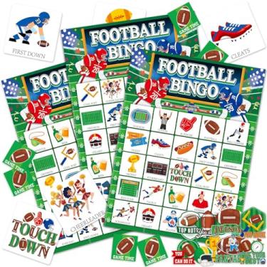 Imagem de 39 peças de jogo de bingo de futebol para adultos e crianças, 24 jogadores, cartas de jogo de bingo de futebol americano com adesivos de recompensa para família, amigos, estudantes, atividades de