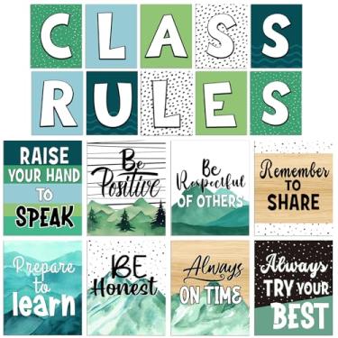 Imagem de Janlaugh Conjunto de pôsteres de regras de classe 18 peças 30 x 25 cm de volta às aulas pôsteres motivacionais para decoração de parede de sala de aula pré-escolar (montanhas verdes)