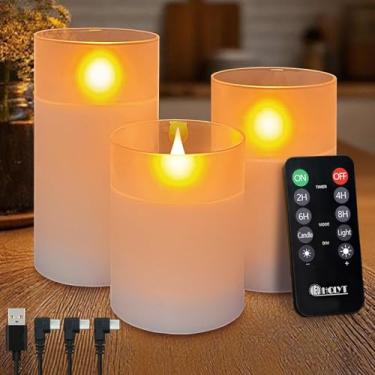 Imagem de LEDHOLYT Vela recarregável sem chama, vela falsa de vidro LED cintilante com controle remoto e temporizador, bateria incorporada, vela eletrônica de cera real para decoração de quarto, conjunto de 3